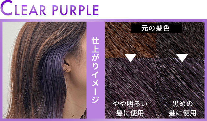 CLEAR PURPLE 仕上がりイメージ 元の髪色 やや明るい髪に使用 黒めの髪に使用