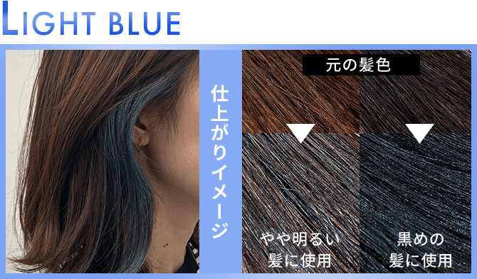 LIGHT BLUE 仕上がりイメージ 元の髪色 やや明るい髪に使用 黒めの髪に使用