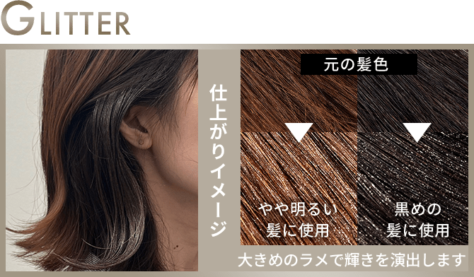 GLITTER 仕上がりイメージ 元の髪色 やや明るい髪に使用 黒めの髪に使用