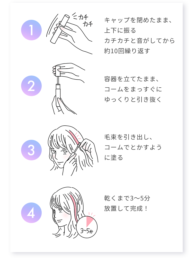 1 キャップを閉めたまま、上下に振るカチカチと音がしてから約10回繰り返す 2 容器を立てたまま、コームをまっすぐにゆっくりと引き抜く 3 毛束を引き出し、コームでとかすように塗る 4 乾くまで3～5分放置して完成！